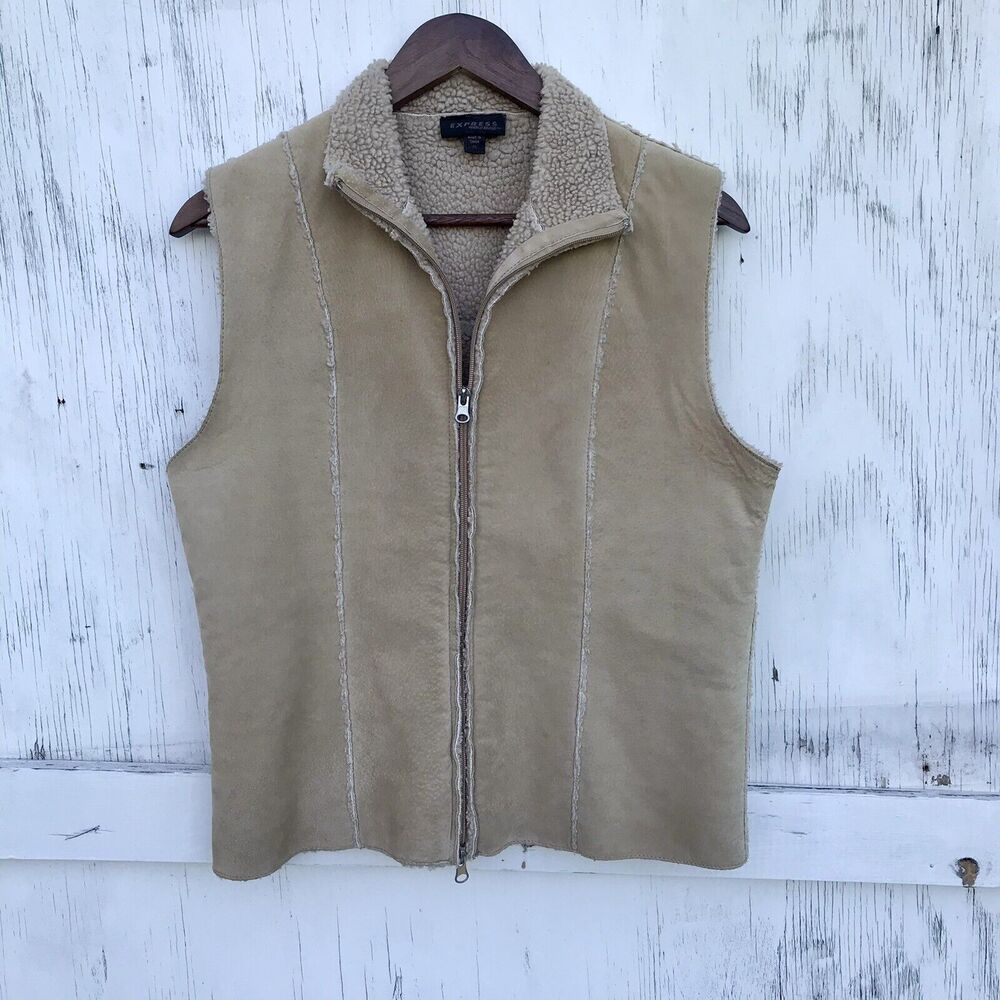 SIZE M EXPRESS WORLD BRAND Sherpa TAN ZIPPER LEATHER VEST 90s Y2k Grunge Indie